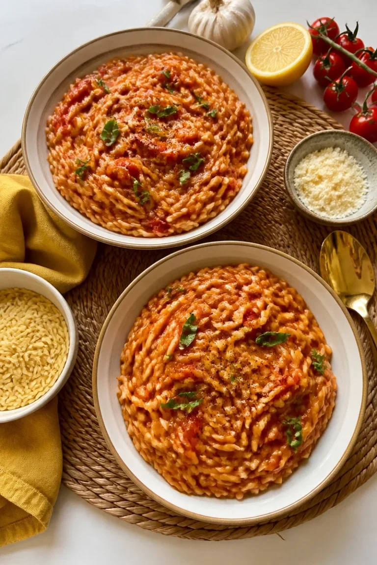 Leckere Tomate-Orzo-Pfanne mit frischen Zutaten
