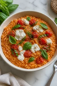Leckeres Tomaten-Risotto mit frischen Kräutern und Parmesan.