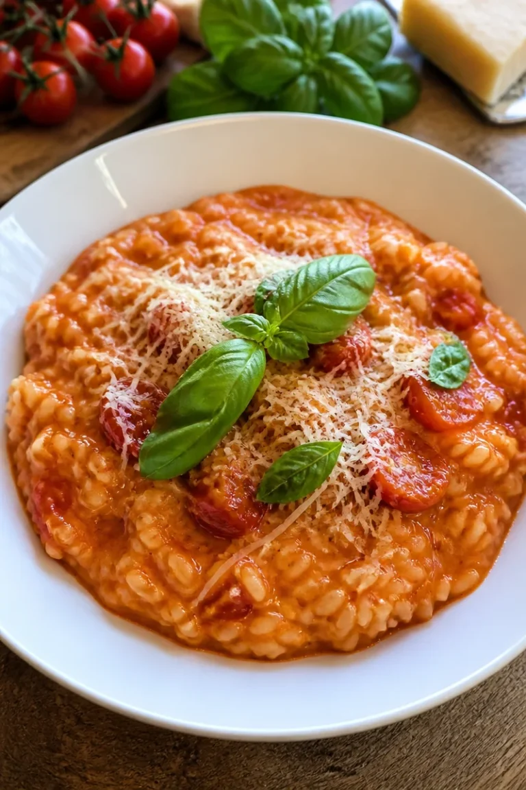 Leckeres Tomatenrisotto auf einem Teller serviert mit frischen Kräutern.