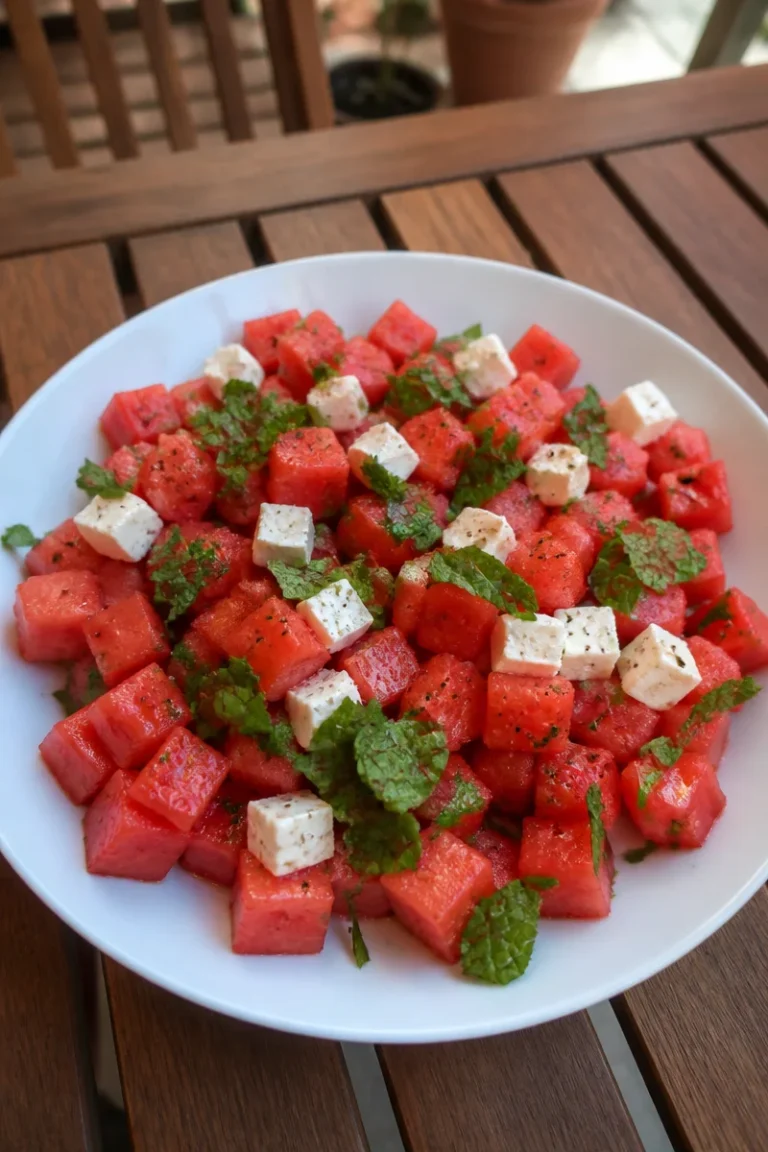 Veganer Wassermelon-Feta-Salat mit frischer Minze auf einem Teller