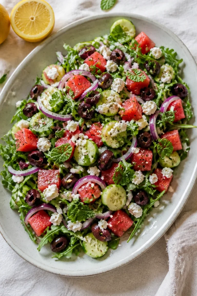 Erfrischender Wassermelonen Feta Salat mit Minze und Olivenöl