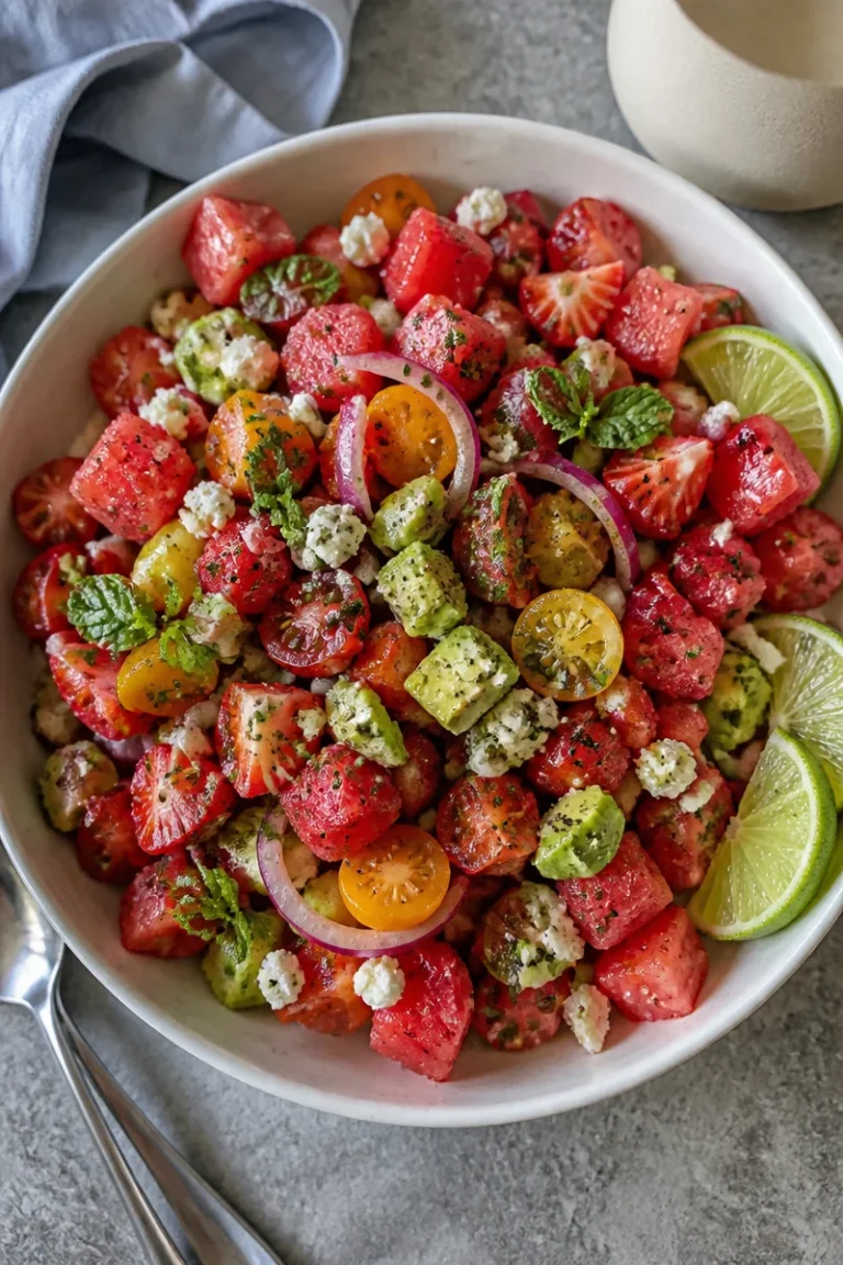 Wassermelonen-Salat mit Feta und frischem Minz-Dressing auf einem Teller