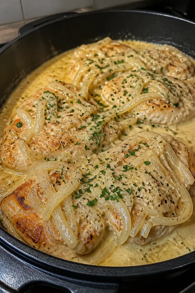 Leckeres Zwiebel-Sahne-Hähnchen auf einem Teller serviert mit Beilagen.